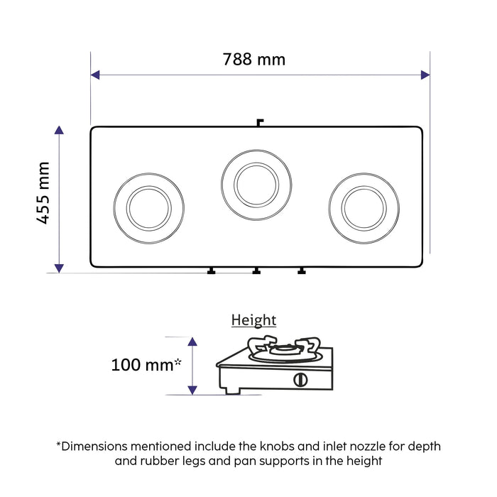 3 Burner Ultra Slim Glass Gas Stove with High Flame Forged Brass Burner - Manual/Auto Ignition (1035 US BL)