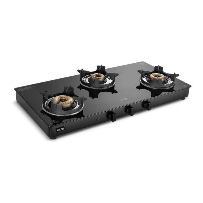 3 Burner Glass Gas Stove with High Flame Brass Burner and Crown Pan Supports (CT 1038 GT BB BL HF CP)