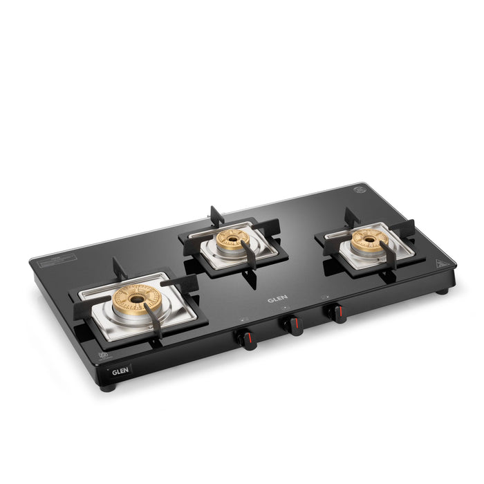 3 Burner Slim Glass Gas Stove with High Flame Forged Brass Burner - Manual/Auto Ignition (1038 SL SQ BL FB)