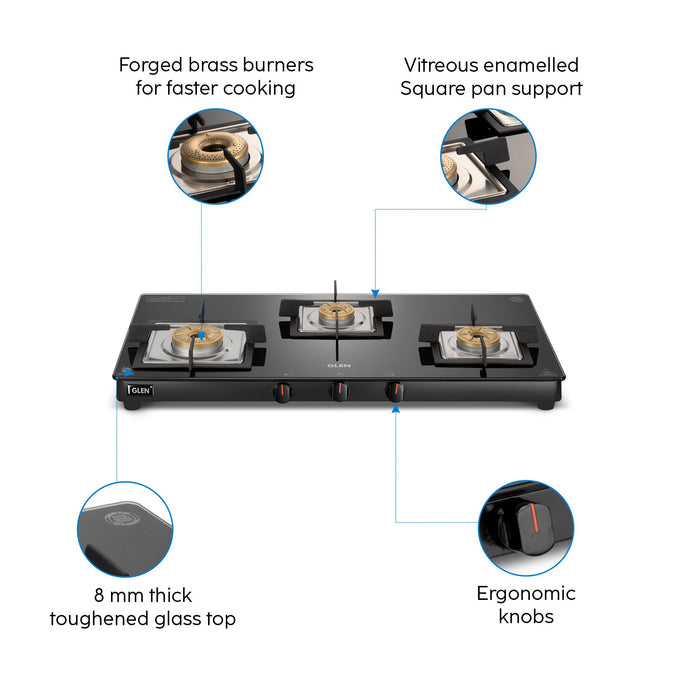 3 Burner Slim Glass Gas Stove with High Flame Forged Brass Burner - Manual/Auto Ignition (1038 SL SQ BL FB)