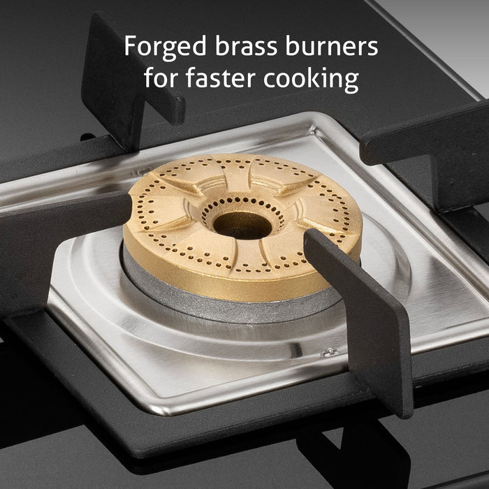 3 Burner Slim Glass Gas Stove with High Flame Forged Brass Burner - Manual/Auto Ignition (1038 SL SQ BL FB)