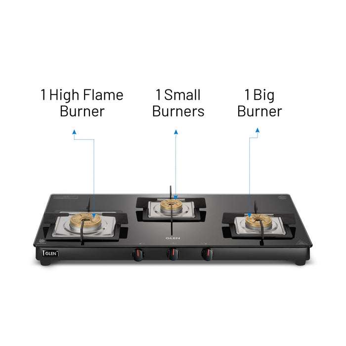 3 Burner Slim Glass Gas Stove with High Flame Forged Brass Burner - Manual/Auto Ignition (1038 SL SQ BL FB)