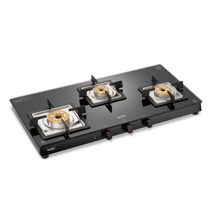 3 Burner Slim Glass Gas Stove with High Flame Forged Brass Burner - Manual/Auto Ignition (1038 SL SQ BL FB)