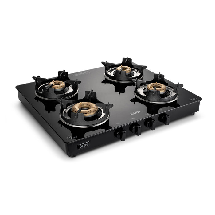 4 Burner Glass Gas Stove with High Flame Brass Burner and Crown Pan Supports (CT 1042 GT BB BL HF CP)