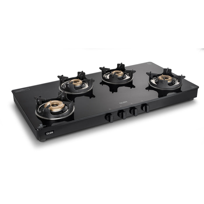 4 Burner Glass Gas Stove with High Flame Brass Burner and Crown Pan Supports (CT 1044 GT BB BL HF CP)