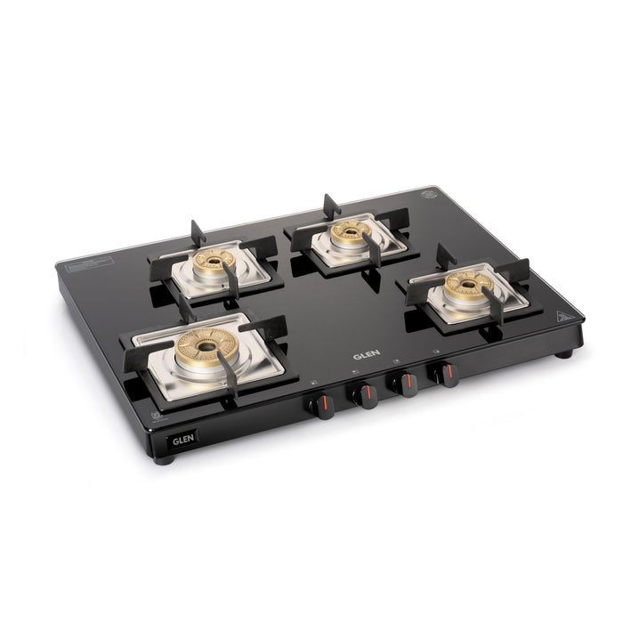 4 Burner Ultra Slim Glass Gas Stove 1 High Flame 3 Forged Brass Burner - Manual / Auto Ignition (1048 SL SQ  BL FB)