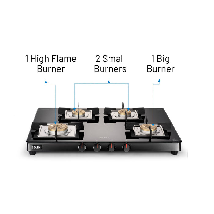 4 Burner Ultra Slim Glass Gas Stove 1 High Flame 3 Forged Brass Burner - Manual / Auto Ignition (1048 SL SQ  BL FB)