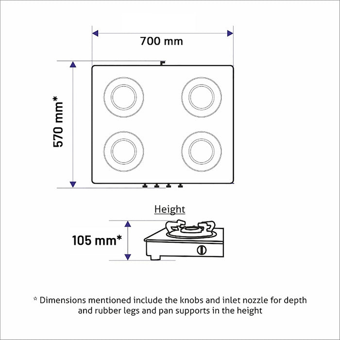 4 Burner Ultra Slim Glass Gas Stove 1 High Flame 3 Forged Brass Burner - Manual / Auto Ignition (1048 SL SQ  BL FB)