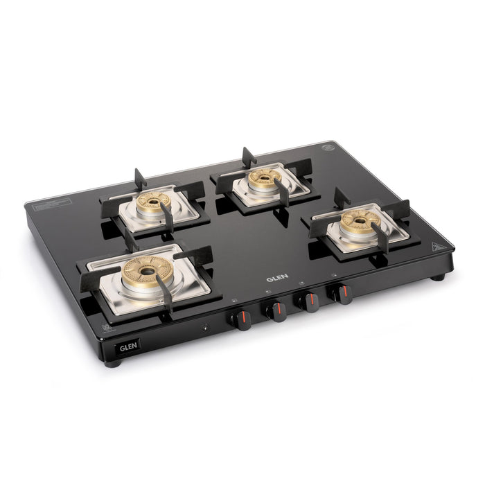 4 Burner Ultra Slim Glass Gas Stove 1 High Flame 3 Forged Brass Burner - Manual / Auto Ignition (1048 SL SQ  BL FB)