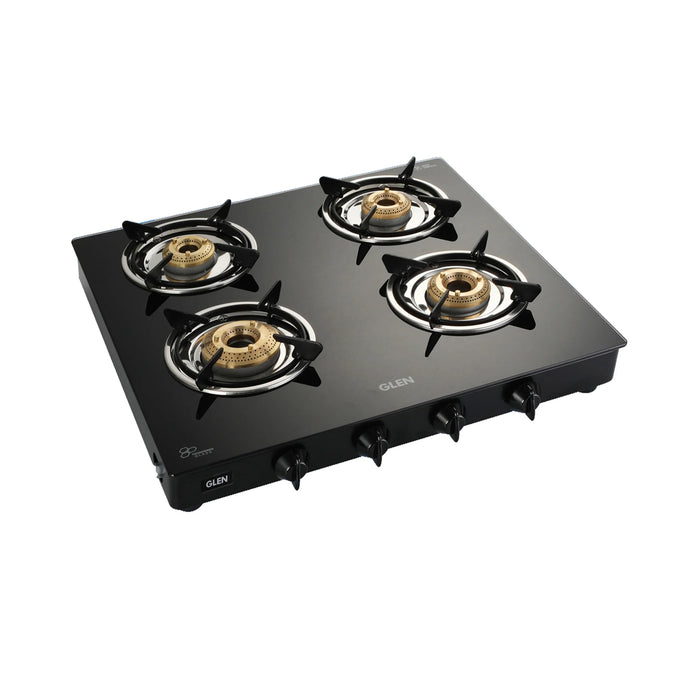 4 Burner Glass Gas Stove 1 High Flame 3 Brass Burners Black (1040 GTXL HF BB BL)