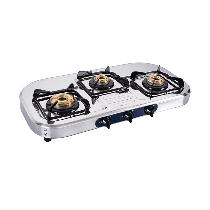 3 Burner  Stainless Steel Gas Stove with High Flame Brass Burner (1037 SS HF BB)