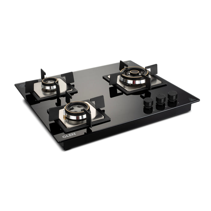 3 Burner Glass Hob Top with Triple Ring Burner Double Ring Forged Brass Burners Auto Ignition (1063 SQ HT DB TR)