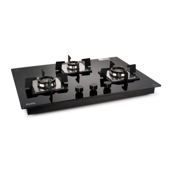 3 Burner Glass Hob Top with Double Ring Forged Brass Burners Auto Ignition (BH 1073 SQ HT DB 70)