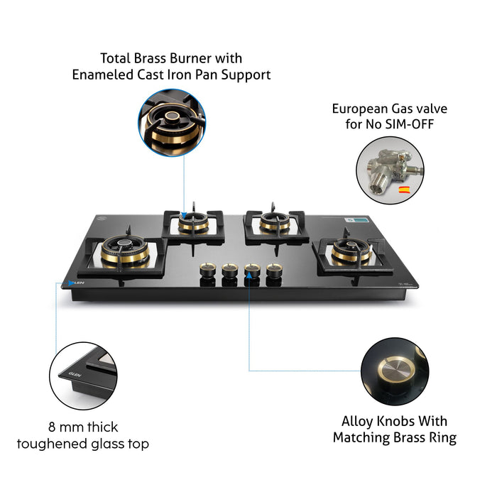 4 Burner Glass Gas Hob Top with 2 Triple Ring, Total Double Ring Brass Burner with Flame Failure Device Auto Ignition (1094XLCIHTT2TRS)