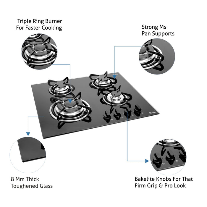 4 Burner Built-in Glass Hob Auto Ignition (1065 TRG ) + Auto Clean Chimney 60cm 1200m3h (CH6058BLAC60)