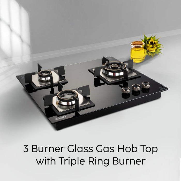 3 Burner Glass Hob Top with Triple Ring Burner Double Ring Forged Brass Burners Auto Ignition (1063 SQ HT DB TR)
