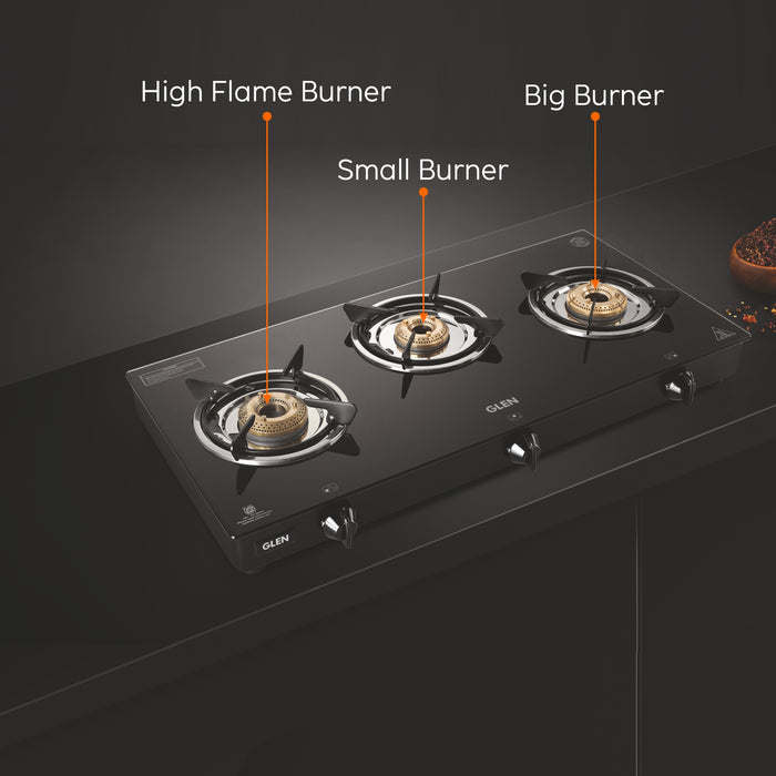3 Burner Glass Gas Stove with High Flame Brass Burner - Black (1030 GT HF BB BL)