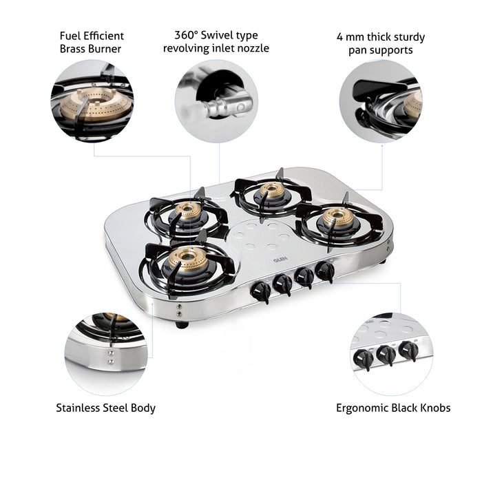 4 Burner Stainless Steel Gas Stove Extra Wide 1 High Flame 3 Brass Burner 70 CM (1045 SS HF BB)