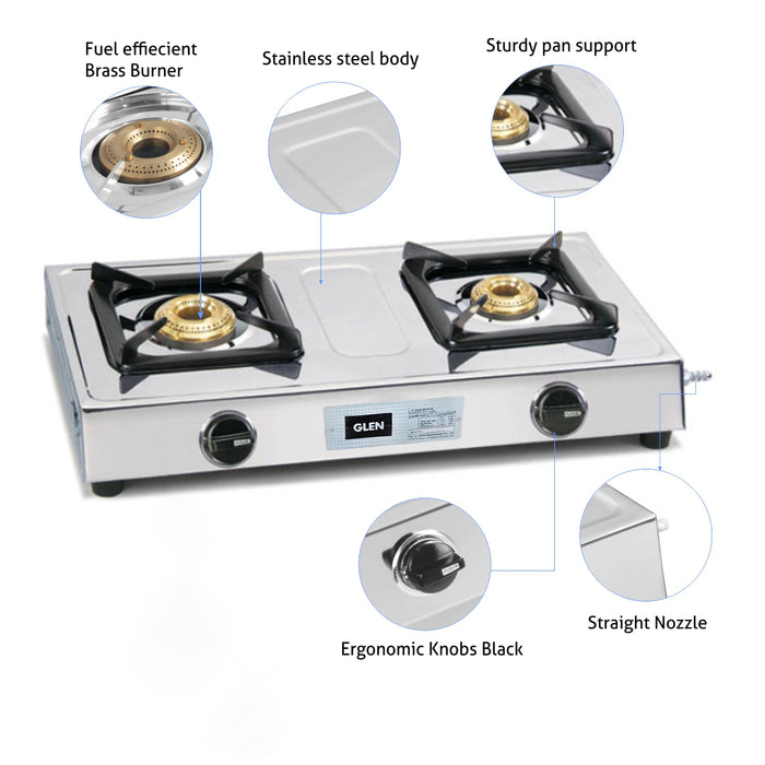 2 Burner Stainless Steel  Gas Stove with Brass Burner (1020 SS BB)