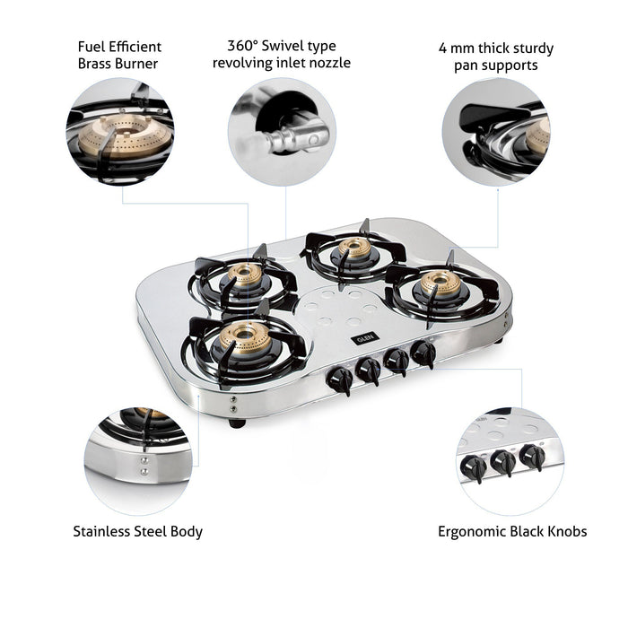 4 Burner Stainless Steel Gas Stove Extra Wide 1 High Flame 3 Brass Burner 70 CM (1045 SS HF BB) - Manual/Auto Ignition