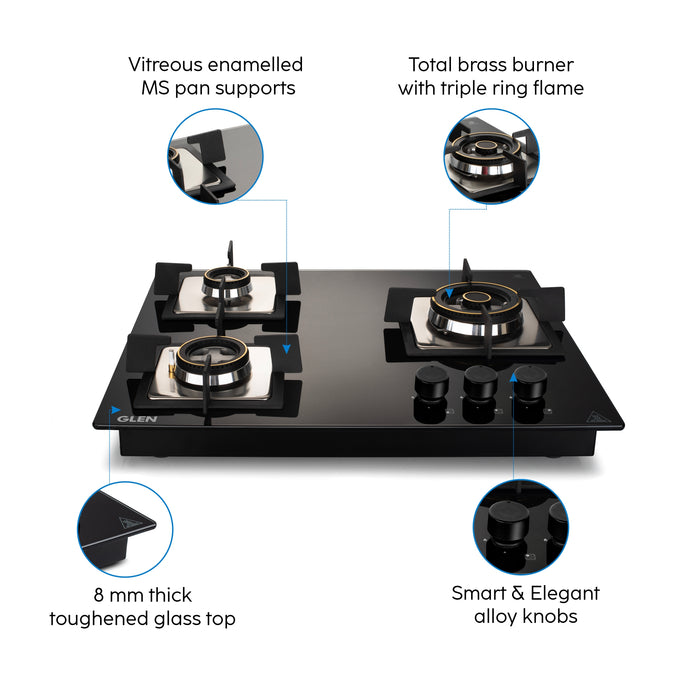 3 Burner Glass Hob Top with Triple Ring Burner Double Ring Forged Brass Burners Auto Ignition (1063 SQ HT DB TR)