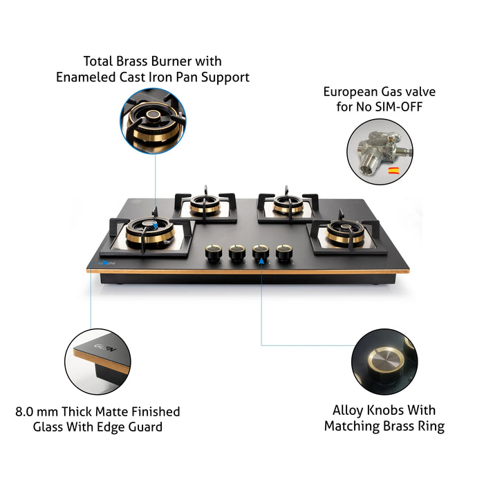 4 Burner Glass Gas Hob Top Mini Triple Ring Burner Double Ring Total Brass Burner with Flame Failure Device Auto Ignition (1074SQHTT2TRMGS)