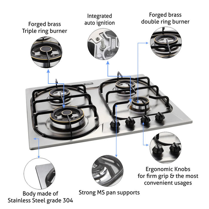 4 Burner Stainless Steel Built in Hob Triple Ring, Double Ring Forged Brass Burners Auto Ignition (1061 DBTRSS)