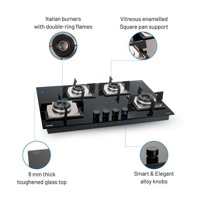 4 Burner Built-in Glass Gas Hob with Italian Double Ring Burner Auto Ignition (1074 SQ IN 77)