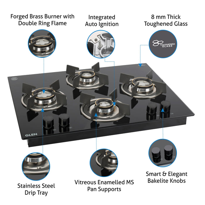 4 Burner Glass Hob Top with Double Ring Forged Brass Burner Auto Ignition (BH1065XROHTDB)