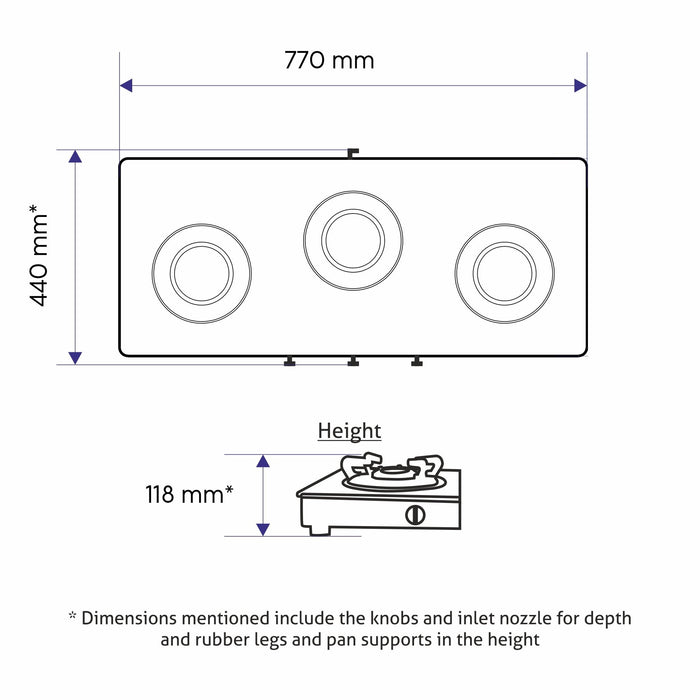 3 Burner Black Glass Gas Stove with High Flame Brass Burner (1036GTAI) -  Auto Ignition