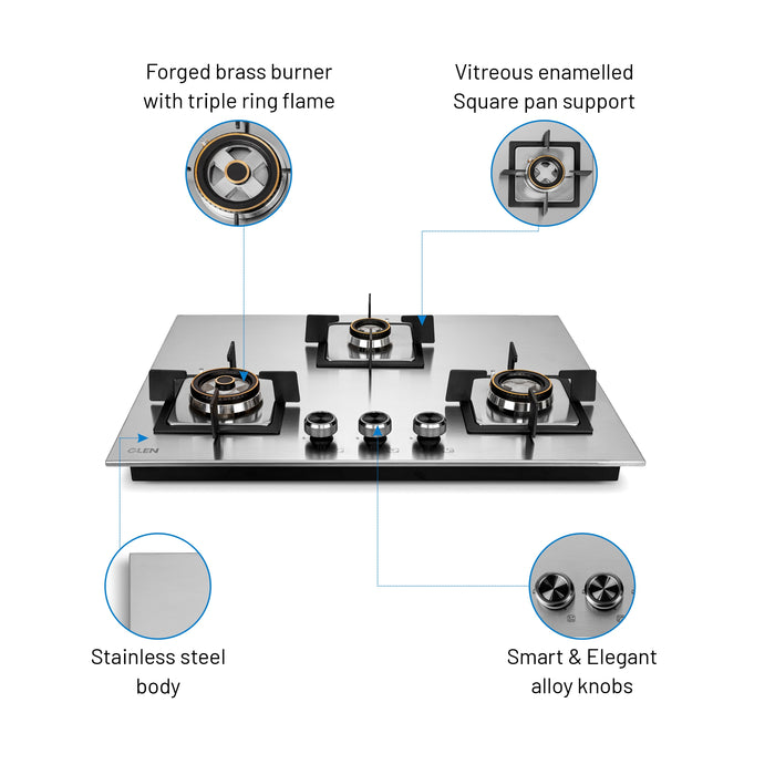 3 Burner Stainless Steel Hob Top Mini Triple Ring, Double Ring Forged Brass Burners Auto Ignition (BH1073SQHTSSDBMT70)