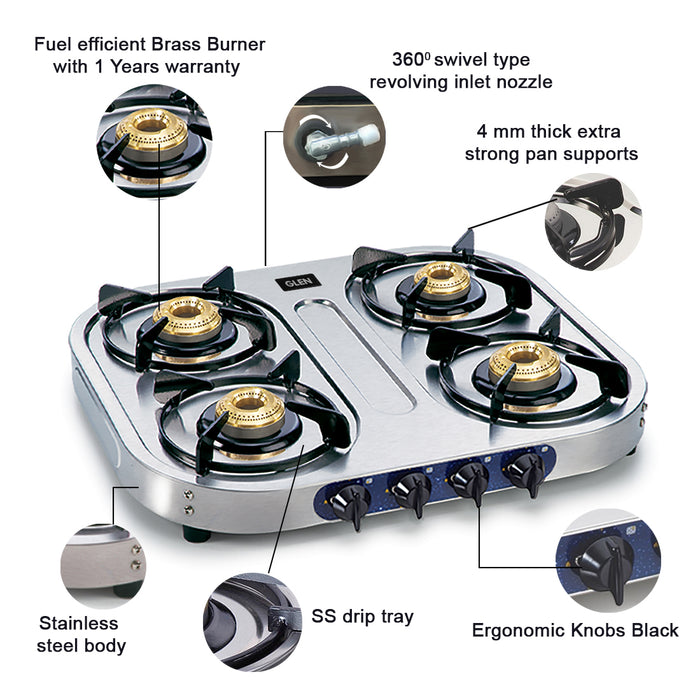 4 Burner  Stainless Steel Gas Stove with Brass Burner (1044 SS) - Manual