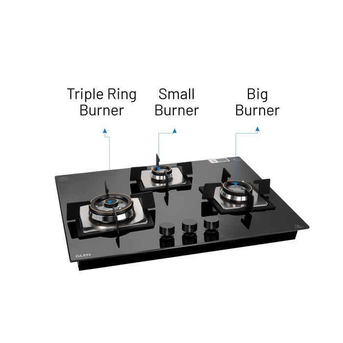 3 Burner Glass Hob Top Triple Ring Burner Double Ring Forged Brass Burners Auto Ignition (1073 XL HT DB BL)