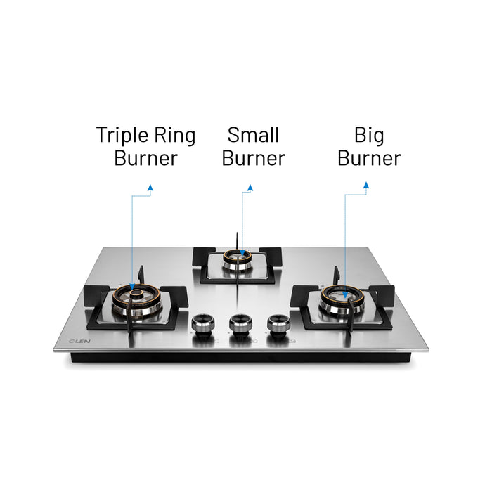 3 Burner Stainless Steel Hob Top Mini Triple Ring, Double Ring Forged Brass Burners Auto Ignition (BH1073SQHTSSDBMT70)