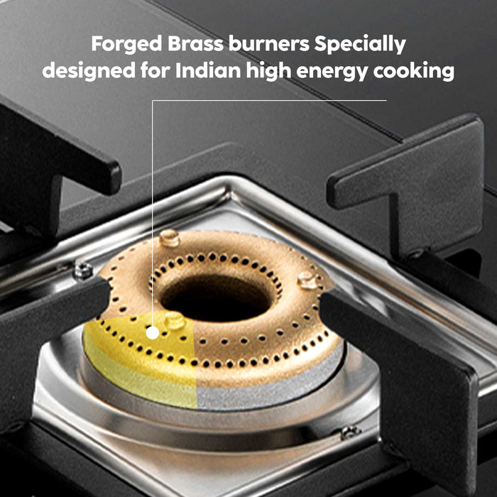 3 Burner Slim Glass Gas Stove with High Flame Forged Brass Burner - Manual/Auto Ignition (1038 SL SQ BL FB)