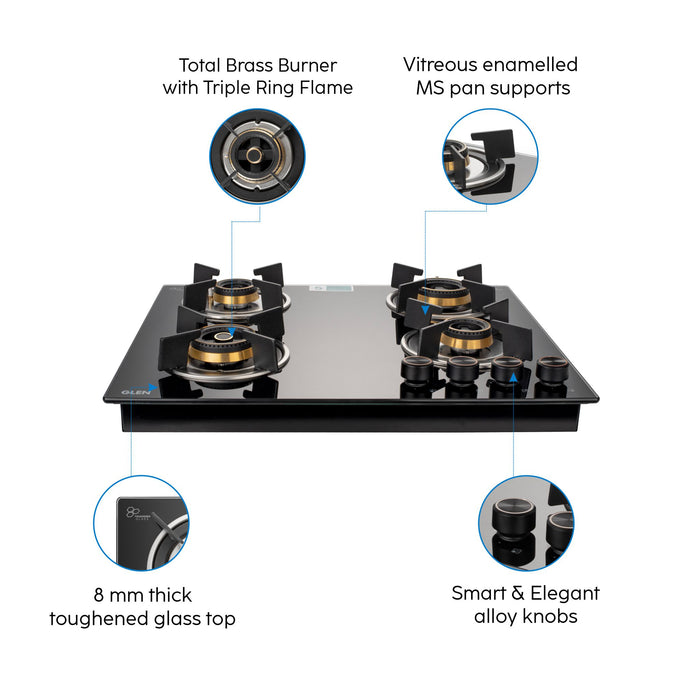 4 Burner Glass Gas Hob Top with Triple Ring, Total Double Ring Brass Burner Auto Ignition (BH1064ROHTTDBMTR)