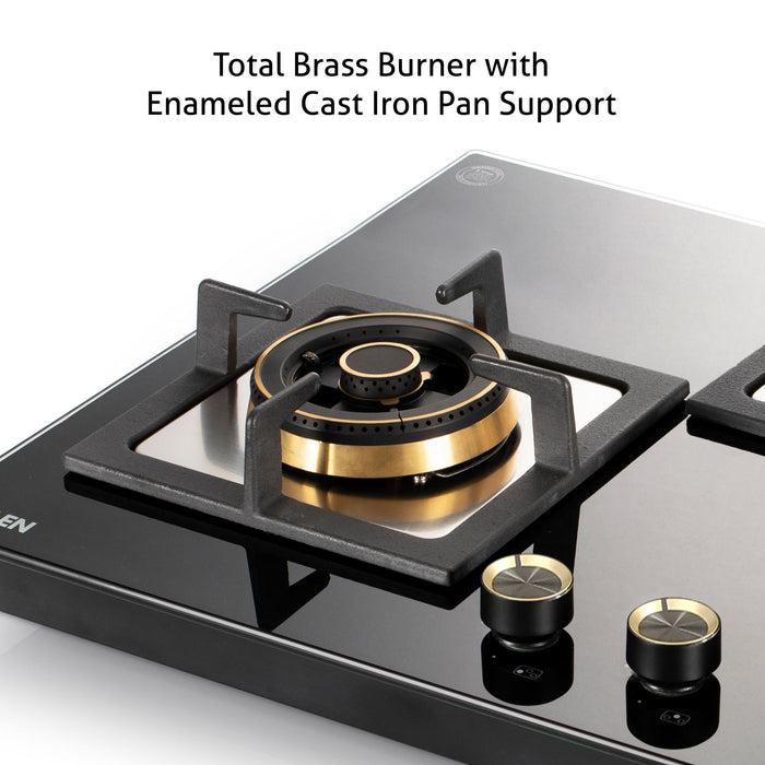 4 Burner Glass Gas Hob Top with 2 Triple Ring, Total Double Ring Brass Burner with Flame Failure Device Auto Ignition (1094XLCIHTT2TRS)