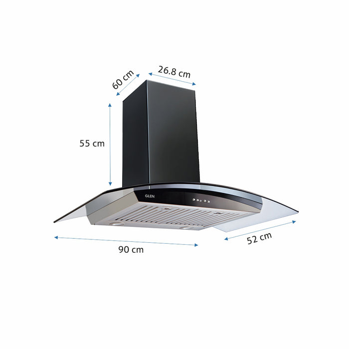 Kitchen Chimney Curved Glass, Push Buttons Baffle filter 90cm 1250 m3/h -Silver with Black Hood (6071 GF)