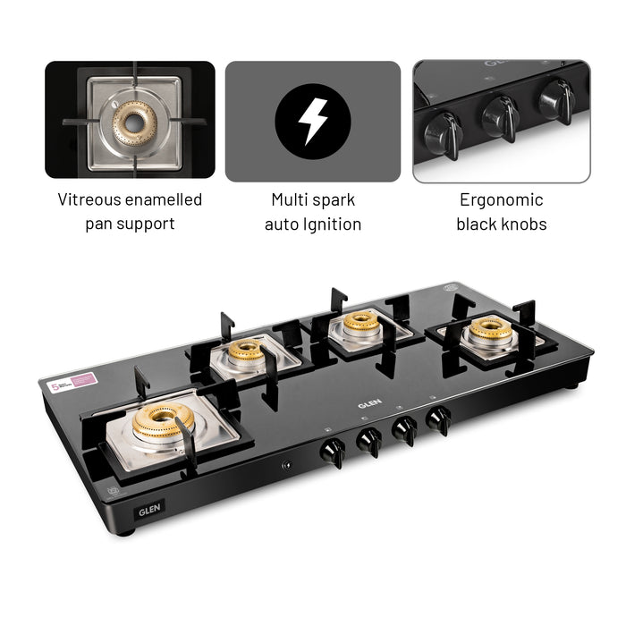 4 Burner Glass Gas Stove Extra Wide 1 High Flame 3 Forged Brass Burner Auto Ignition (1049 SQGT FB AI)