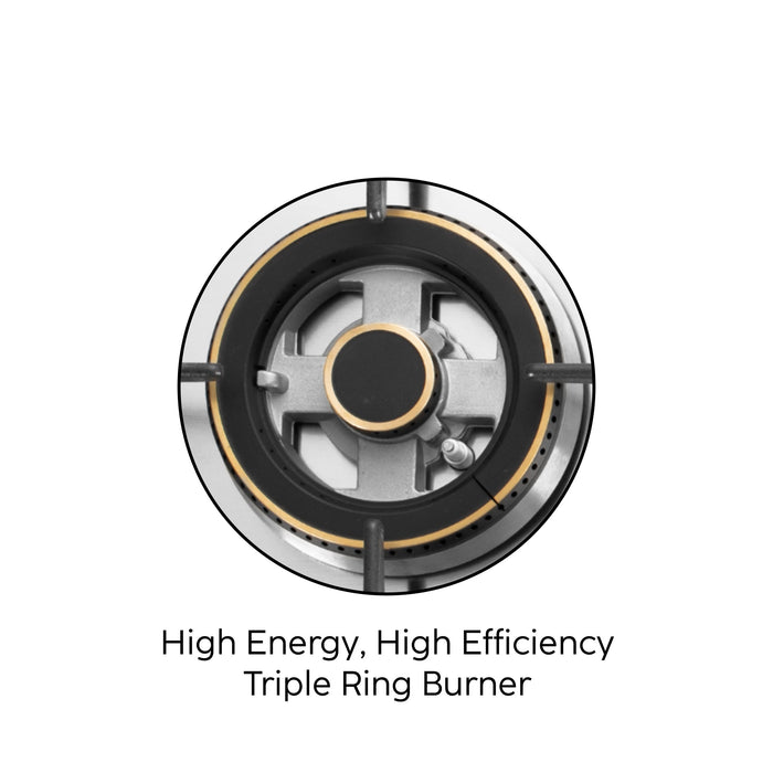 3 Burner Glass Hob Top with Two Mini Triple Ring Burner & 1 Small Double Ring Forged Brass Burners Auto Ignition (BH1073XLHTDB2MTR)