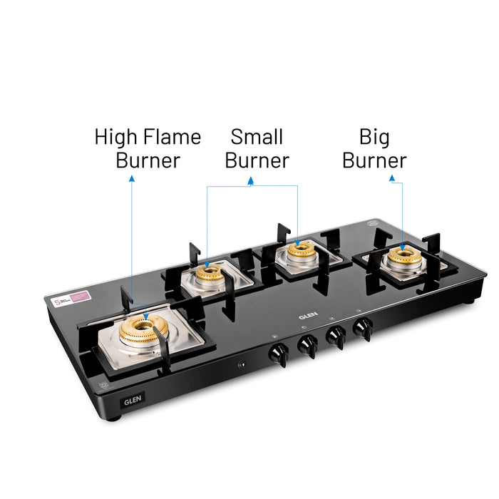 4 Burner Glass Gas Stove Extra Wide 1 High Flame 3 Forged Brass Burner Auto Ignition (1049 SQGT FB AI)