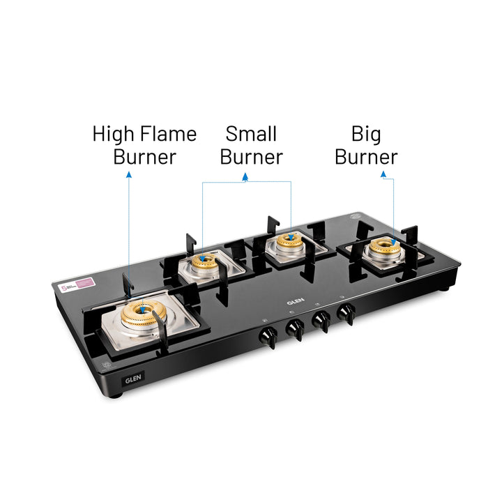 4 Burner Glass Gas Stove Extra Wide 1 High Flame 3 Forged Brass Burner (1049 SQGT FB)