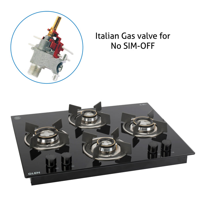 4 Burner Glass Hob Top with Double Ring Forged Brass Burner Auto Ignition (BH1065XROHTDB)