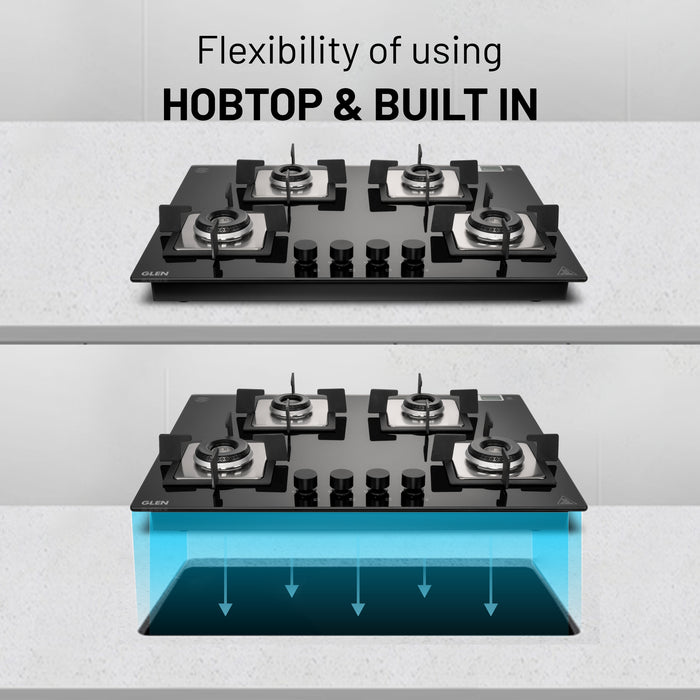 4 Burner Glass Hob Top with Italian Double Ring Burner Auto Ignition (BH 1074 SQ HT IN 70)