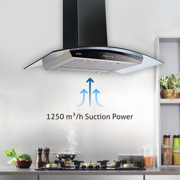 Kitchen Chimney Curved Glass, Push Buttons Baffle filter 90cm 1250 m3/h -Silver with Black Hood (6071 GF)