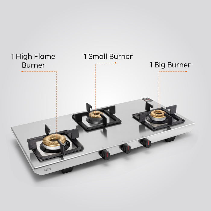 3 Burner Ultra Tuff Stainless Steel Gas Stove with Forged Brass Burner - Manual/Auto Ignition (1053 UT SS 73)