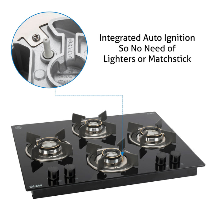 4 Burner Glass Hob Top with Double Ring Forged Brass Burner Auto Ignition (BH1065XROHTDB)