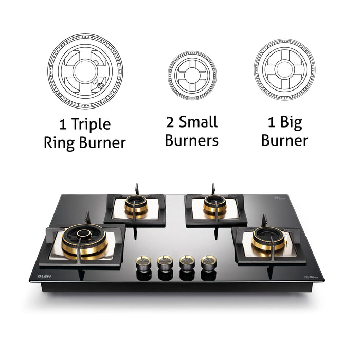 4 Burner Glass Gas Hob Top with Triple Ring, Total Double Ring Brass Burner with Flame Failure Device Auto Ignition (1074CIHTTDBTRS)