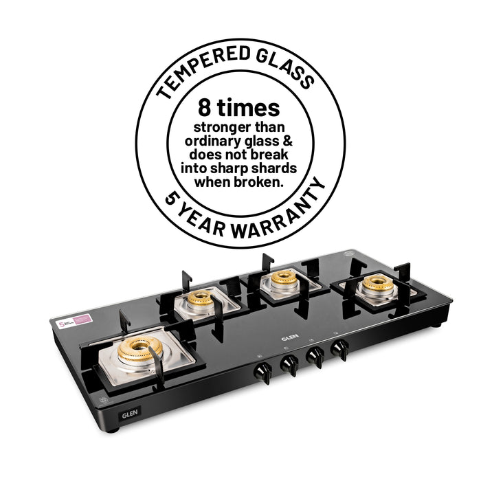 4 Burner Glass Gas Stove Extra Wide 1 High Flame 3 Forged Brass Burner (1049 SQGT FB)