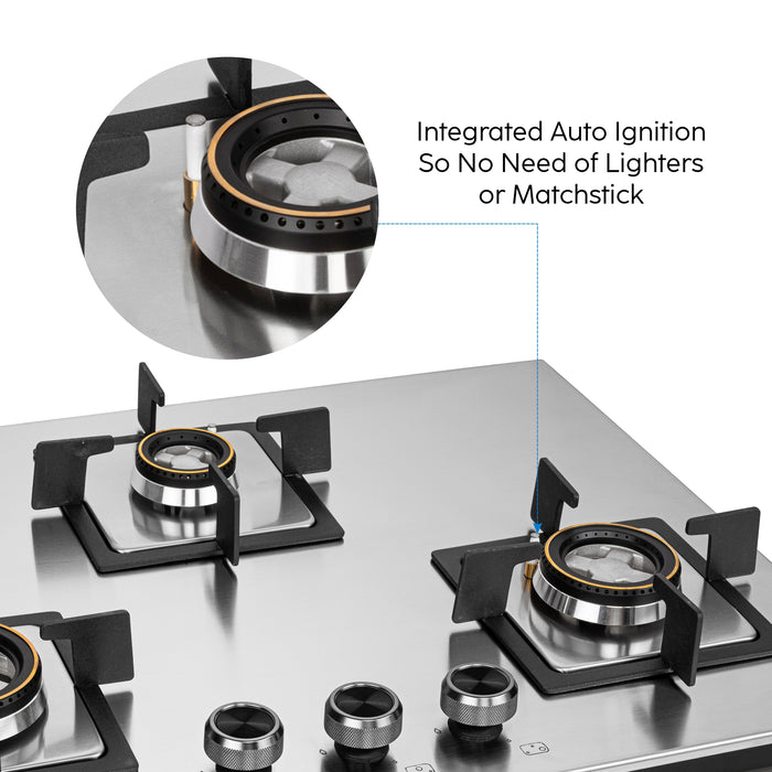 3 Burner Stainless Steel Hob Top Mini Triple Ring, Double Ring Forged Brass Burners Auto Ignition (BH1073SQHTSSDBMT70)